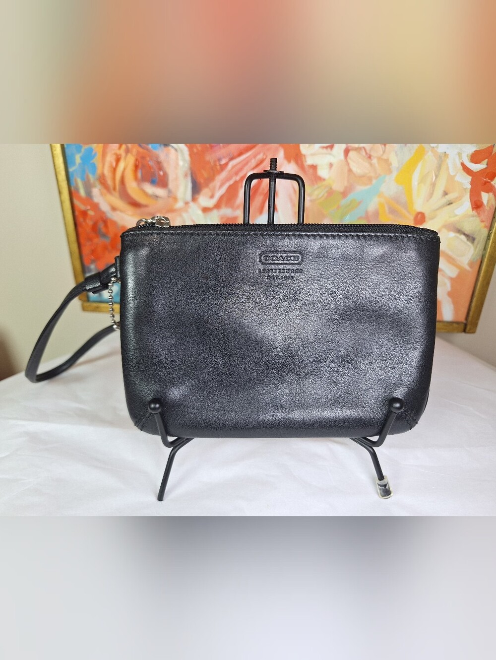 Vintage COACH Leatherware Est 1941 Black Leather Wristlet Green Legacy C Lining